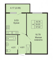 Однокомнатная квартира 37.02 м²