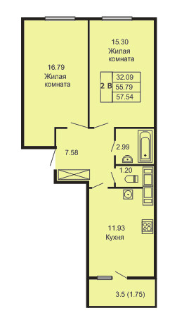 Двухкомнатная квартира 57.54 м²